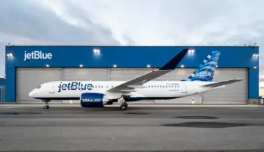 JetBlue Airbus A220-300 aircraft parked in front of blue hangar at airport