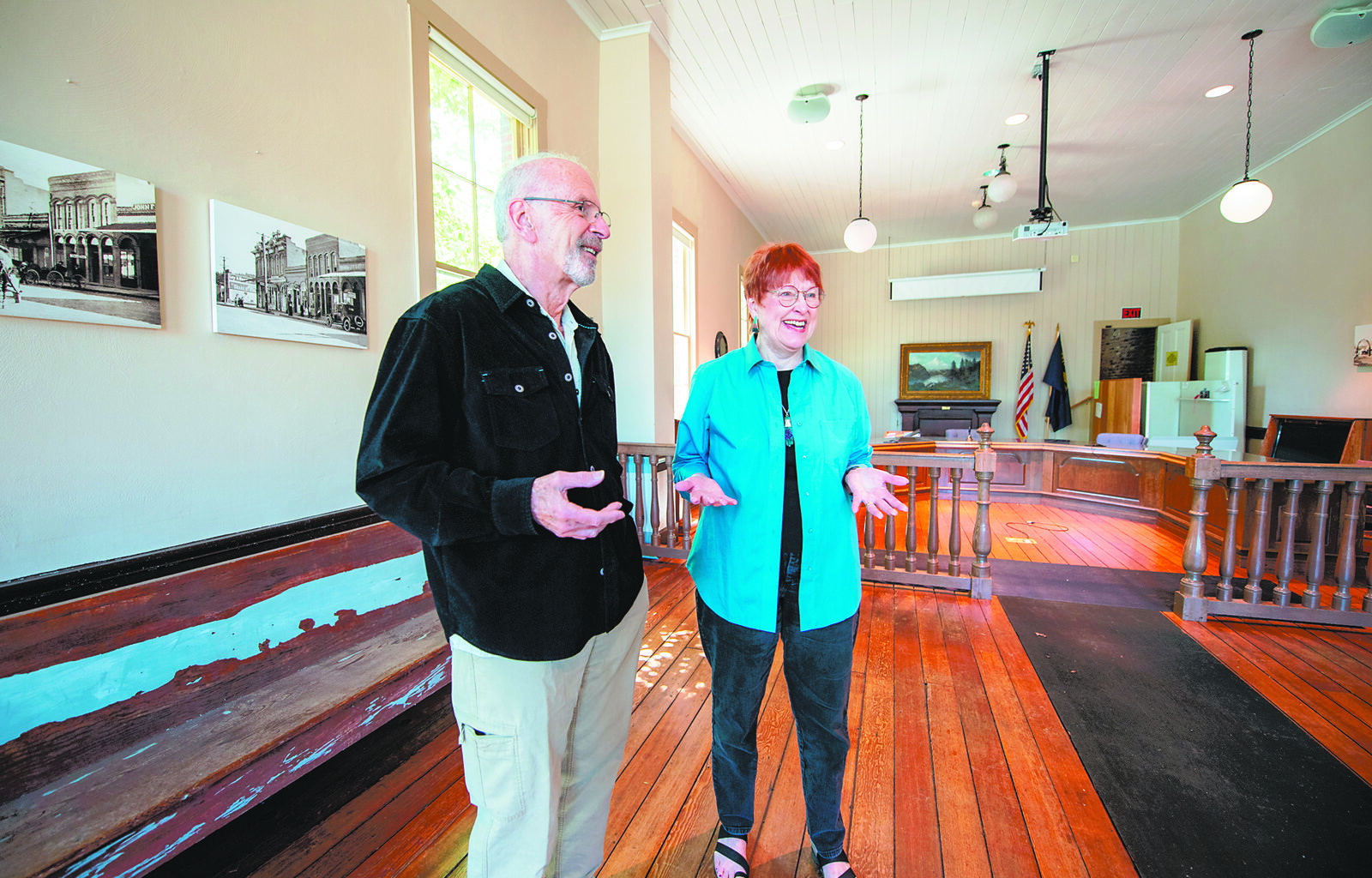 Jacksonville City Councilor Ken Gregg and Carolyn Kingsnorth, president of Historic Jacksonville, show the main room of the Old City Hall, formerly used for city meetings. It is being transformed into a physical anchor for the town’s “Museum without Walls” project as the Jacksonville History Center. Photo: Julie Anderson, Grants Pass Daily Courier.