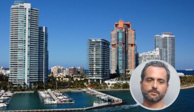 Skyscrapers overlook a beach with a man's head overlaid