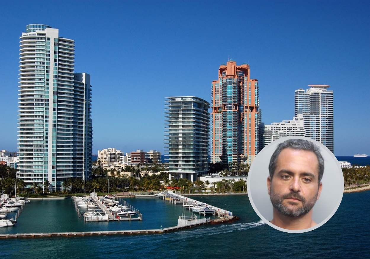 Skyscrapers overlook a beach with a man's head overlaid