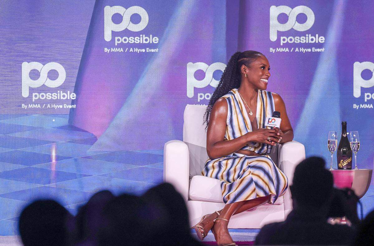 Actor, TV & film producer Issa Rae (left) and keynote speaker share business tips with the audience at the Possible Conference at the Fontainebleau Hotel on Wednesday, April 29, 2026, in Miami Beach, Florida.