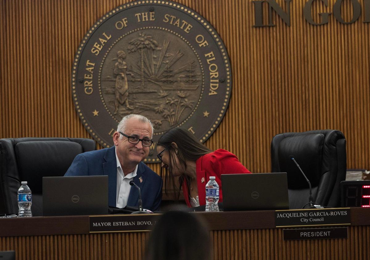 City of Hialeah then-Mayor Esteban Bovo, Jr. shares with Jacqueline Garcia-Roves then-Council President, during a City Commission meeting, at City Hall, on Tuesday, February 11, 2025.