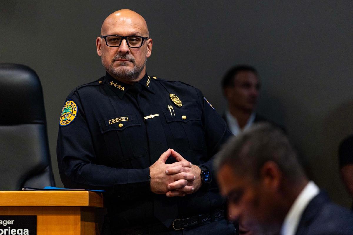 Miami Police Chief Manuel A. Morales looks on during a press conference discussing mid-year crime stats on Thursday, July 17, 2025.