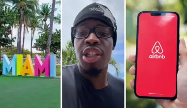 Miami sign (l) man shares vacation issue (c) air bnb app (r)