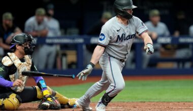 Miami Marlins' Liam Hicks watches his two-run single off Tampa Bay Rays pitcher Hunter Bigge during the 10th inning of a baseball game Saturday, May 16, 2026, in St. Petersburg, Fla. (AP Photo/Chris O'Meara)