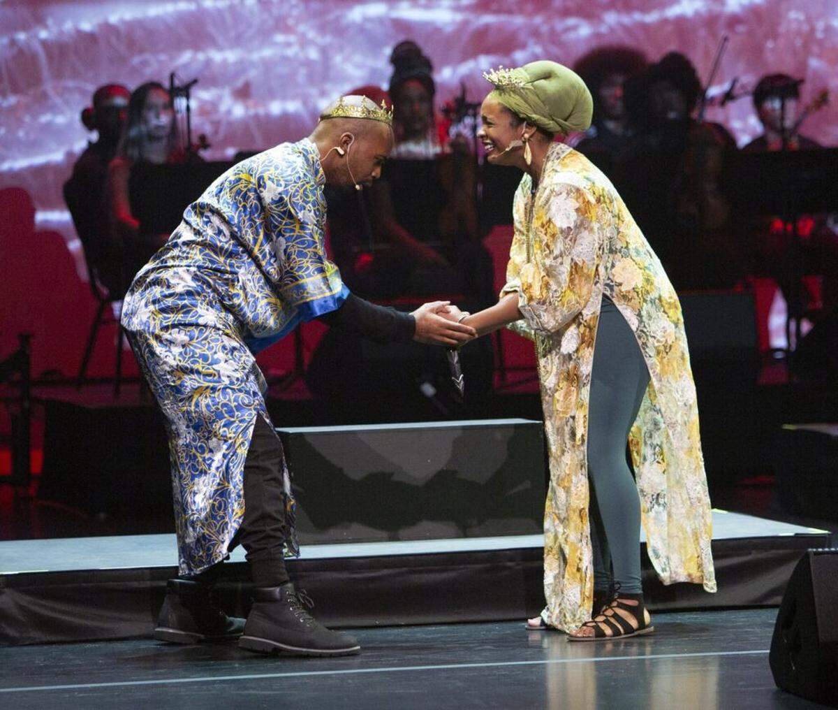 Denzel McCausland and Marlo Vashti Rodríguez in a previous production of “The Bard in Bars.”