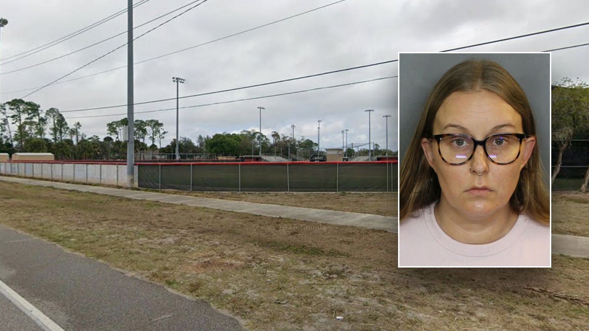 A photo of a glasses wearing teacher inlaid over a baseball field