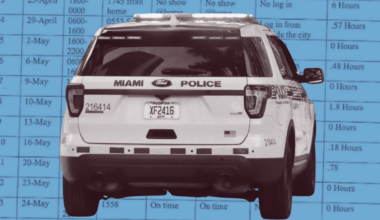 An edited image of a Miami Police car over a blue-filtered screenshot of a timesheet.