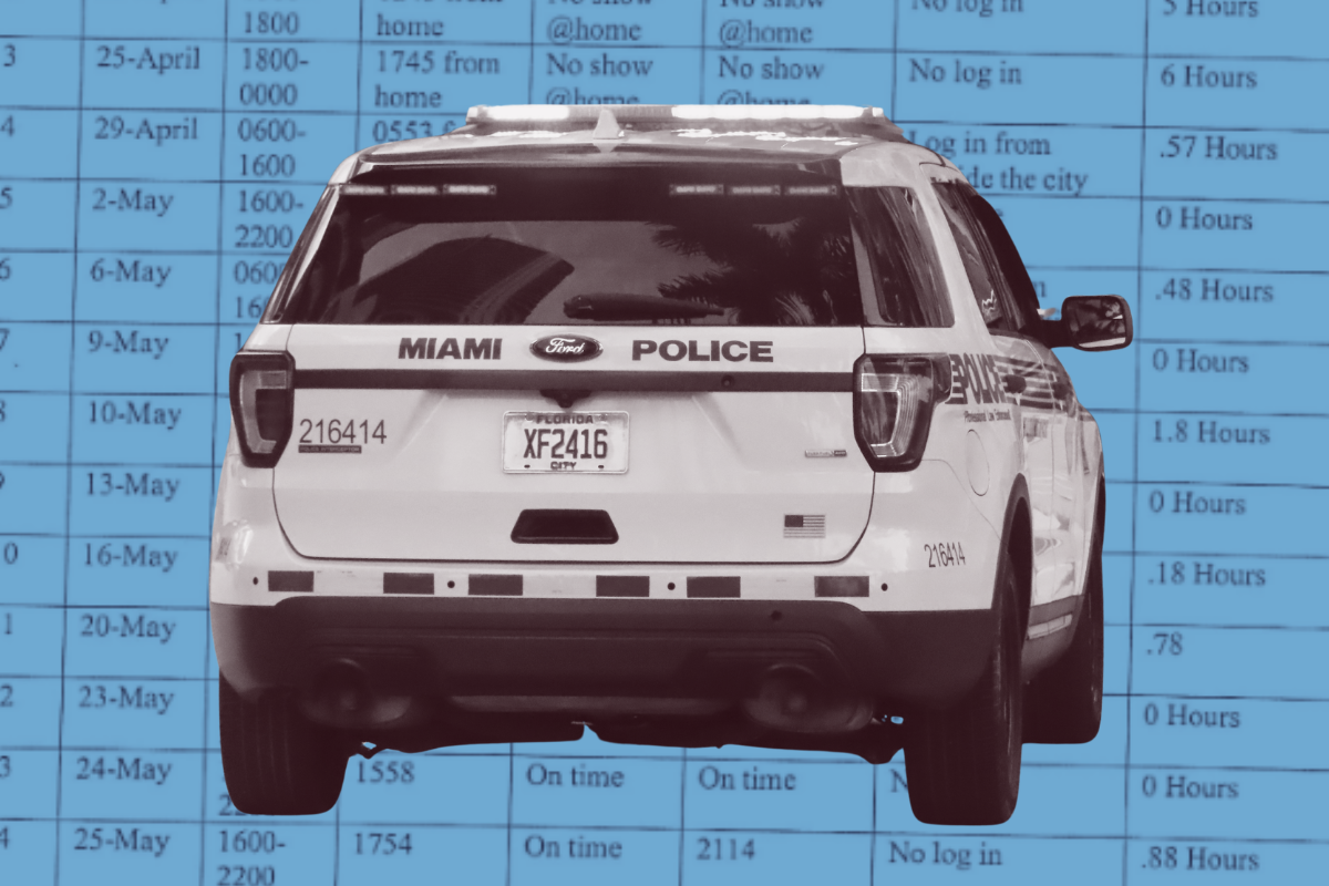 An edited image of a Miami Police car over a blue-filtered screenshot of a timesheet.