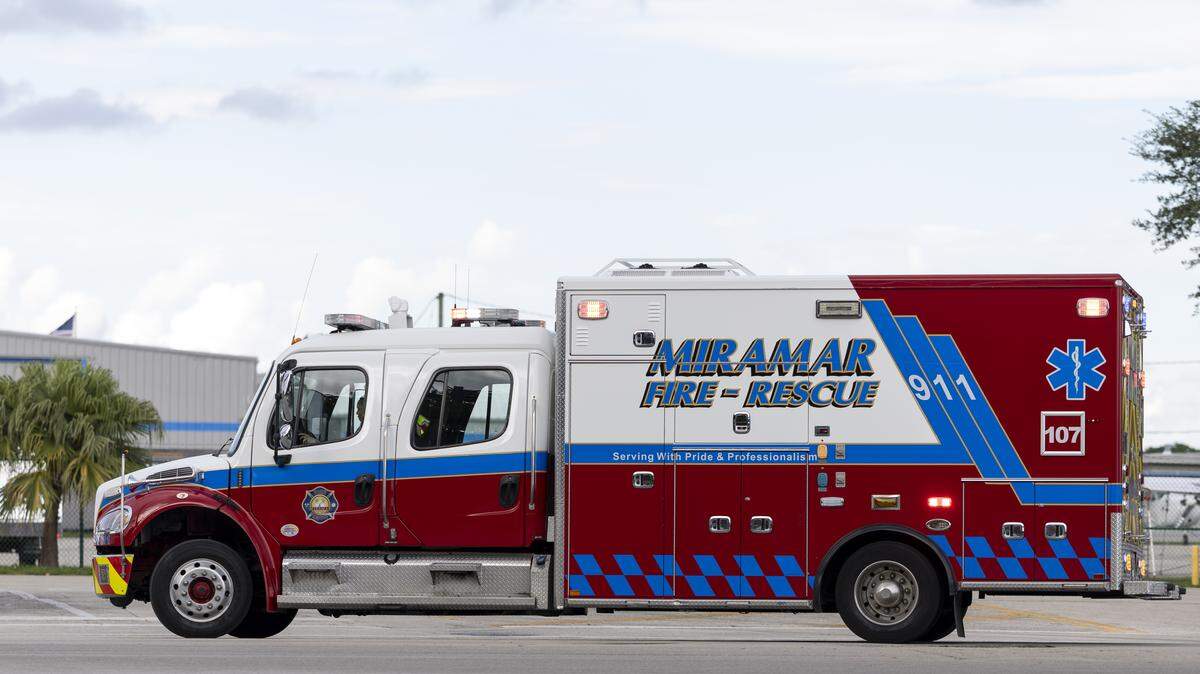 A Miramar Fire-Rescue truck makes its way down Pembroke Road on Wednesday, Sept. 24, 2025, in Miramar, Fla. A Miramar Fire-Rescue truck makes its way down Pembroke Road on Wednesday, Sept. 24, 2025, in Miramar, Fla.
