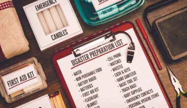 A flat-lay view of emergency supplies arranged on a wooden table around a red clipboard with a 'Disaster Preparation List.' The checklist includes items like water, non-perishable food, a battery radio, batteries, a first aid kit, and matches. Surrounding the clipboard are physical prep items including boxes labeled 'Emergency Candles,' 'First Aid Kit,' and 'Matches,' alongside a clear container of batteries, a radio, a whistle, a pen, and a pair of pliers.