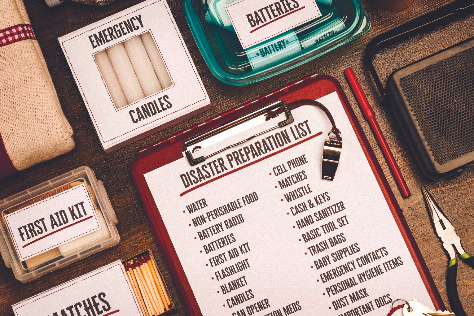 A flat-lay view of emergency supplies arranged on a wooden table around a red clipboard with a 'Disaster Preparation List.' The checklist includes items like water, non-perishable food, a battery radio, batteries, a first aid kit, and matches. Surrounding the clipboard are physical prep items including boxes labeled 'Emergency Candles,' 'First Aid Kit,' and 'Matches,' alongside a clear container of batteries, a radio, a whistle, a pen, and a pair of pliers.