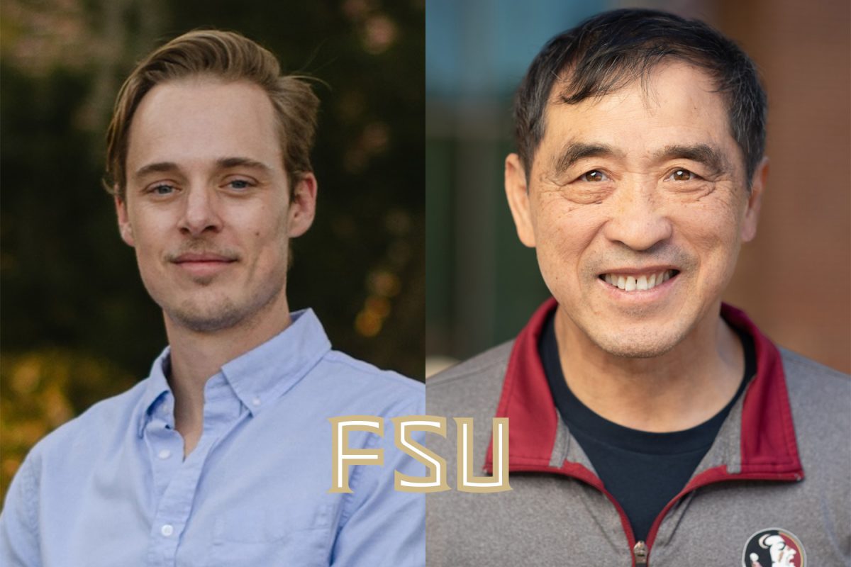 A composite photo of Michael Secor, left, and Professor Ming Cai, with the FSU logo in the middle.