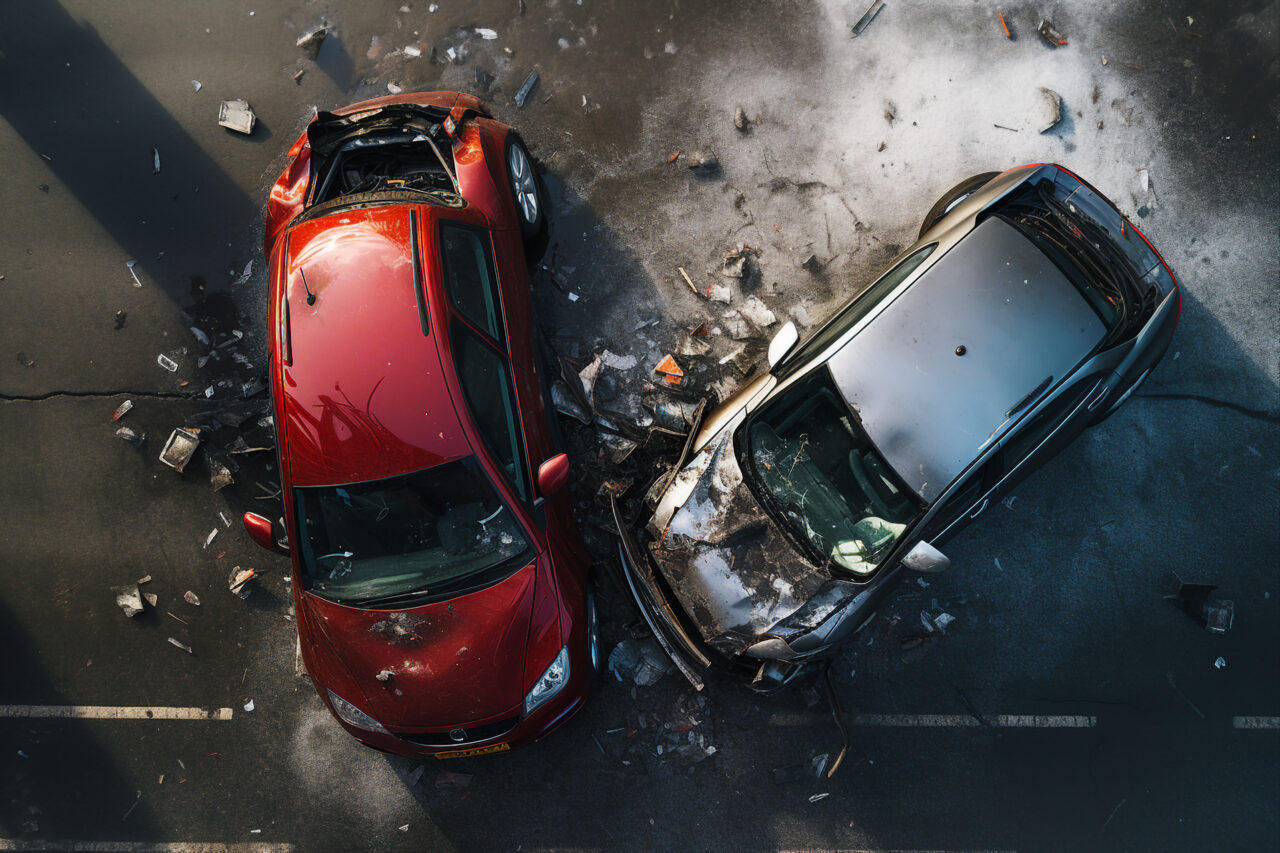 AI generated image of two cars crash in accident top view