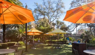 outdoor dining area at a restaurant. Yellow umbrellas are arranged over tables