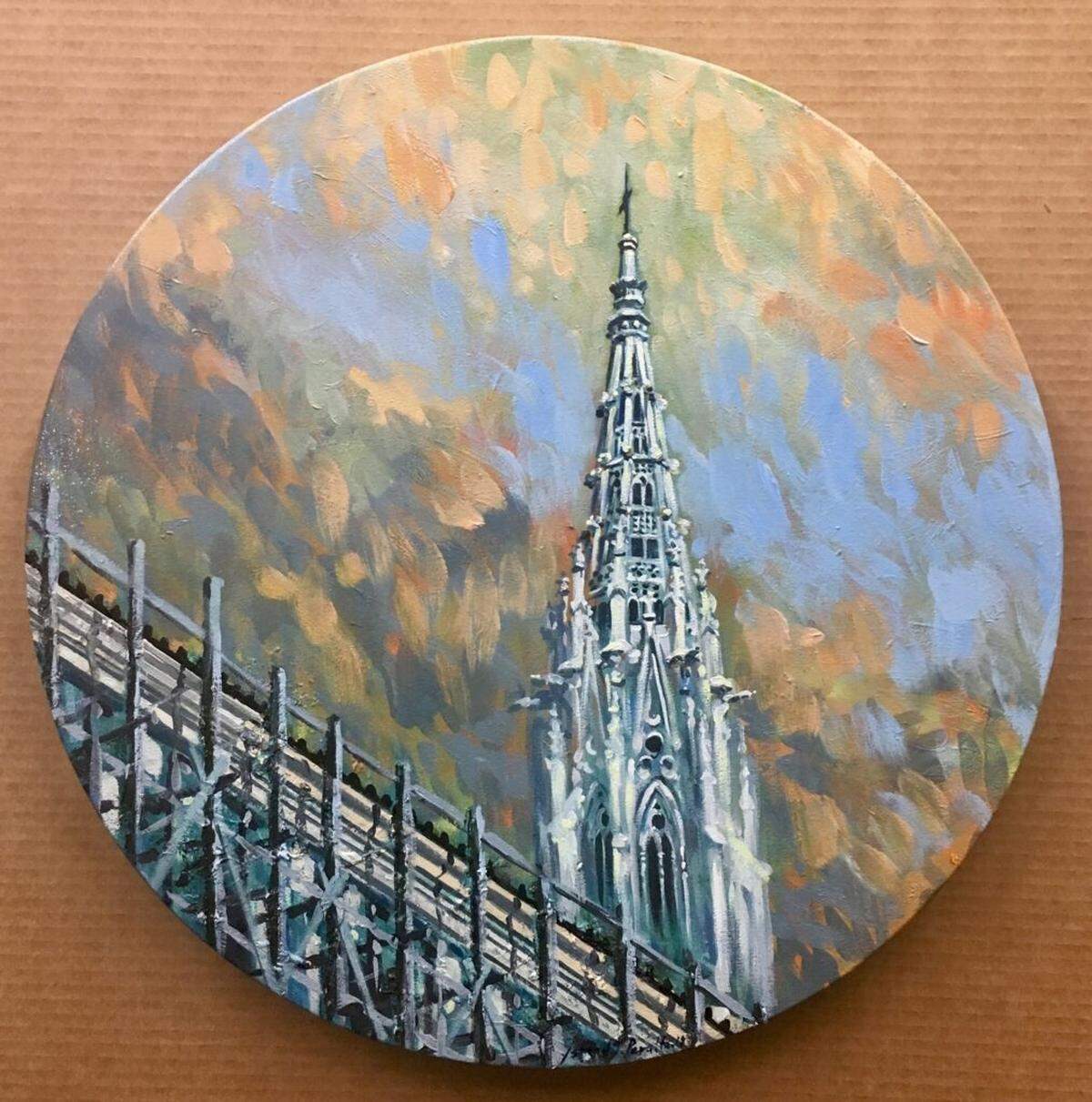 Work by Ismael Gómez Peralta featured in “Circular Reflections,” combining architectural structures and emotional memory into a composition that reflects both loss and resilience.