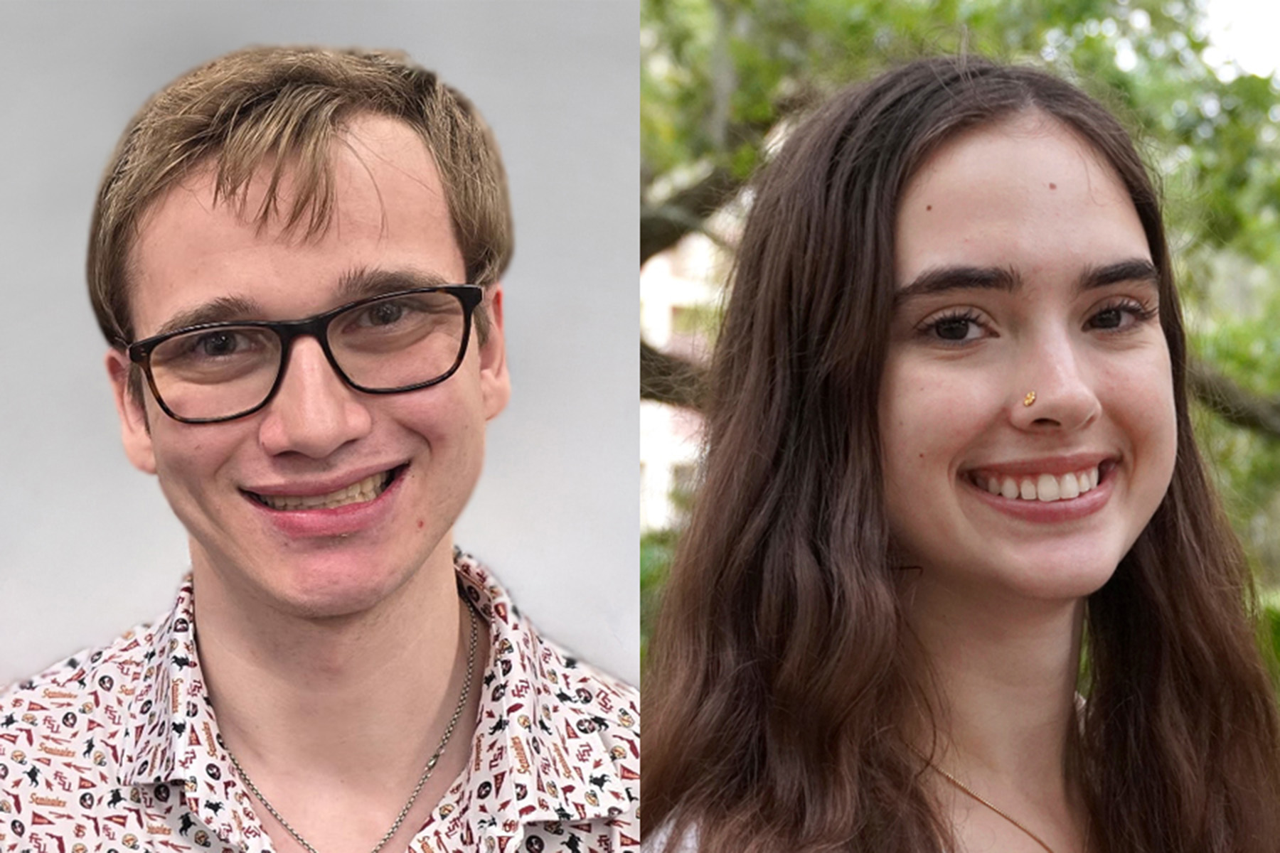 A side-by-side composite image showing a smiling young man with glasses on the left and a smiling young woman with long dark hair on the right.