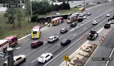 Flipped tractor-trailer blocks left lane on I-95 South