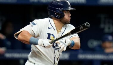 Tampa Bay Rays' Jonathan Aranda watches his RBI single off Toronto Blue Jays pitcher Kevin Gausman during the third inning of a baseball game Tuesday, May 5, 2026, in St. Petersburg, Fla. (AP Photo/Chris O'Meara)