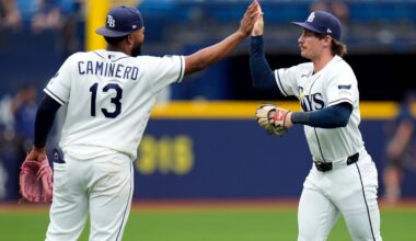 Tampa Bay Rays third baseman Junior Caminero (13) and right fielder Jonny DeLuca celebrate after the team defeated the Toronto Blue Jays during a baseball game Wednesday, May 6, 2026, in St. Petersburg, Fla. (AP Photo/Chris O'Meara)
