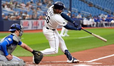 Tampa Bay Rays' Ryan Vilade (26) connects for a three-run home run off Toronto Blue Jays pitcher Eric Lauer during the first inning of a baseball game Monday, May 4, 2026, in St. Petersburg, Fla. (AP Photo/Chris O'Meara)