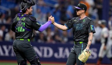 Tampa Bay Rays pitcher Casey Legumina, right, celebrates with catcher Nick Fortes after closing out the San Francisco Giants during a baseball game Saturday, May 2, 2026, in St. Petersburg, Fla. (AP Photo/Chris O'Meara)