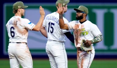 Tampa Bay Rays center fielder Cedric Mullins celebrates with shortstop Taylor Walls (6) and second baseman Ben Williamson (15) after the team defeated the Miami Marlins during a baseball game Friday, May 15, 2026, in St. Petersburg, Fla. (AP Photo/Chris O'Meara)