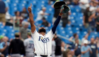 Tampa Bay Rays third baseman Junior Caminero reacts after the team defeated the Miami Marlins during a baseball game Sunday, May 17, 2026, in St. Petersburg, Fla. (AP Photo/Chris O'Meara)