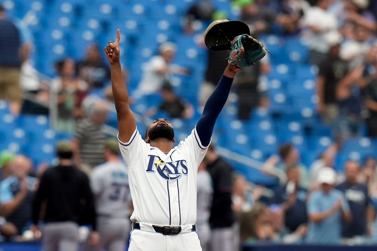 Tampa Bay Rays third baseman Junior Caminero reacts after the team defeated the Miami Marlins during a baseball game Sunday, May 17, 2026, in St. Petersburg, Fla. (AP Photo/Chris O'Meara)