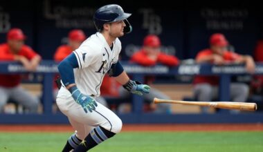 Tampa Bay Rays' Ben Williamson drops his bat after his RBI single off Los Angeles Angels pitcher Drew Pomeranz during the seventh inning of a baseball game Sunday, May 31, 2026, in St. Petersburg, Fla. (AP Photo/Chris O'Meara)