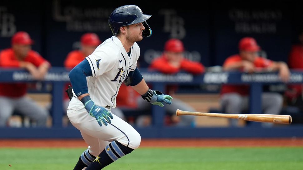 Tampa Bay Rays' Ben Williamson drops his bat after his RBI single off Los Angeles Angels pitcher Drew Pomeranz during the seventh inning of a baseball game Sunday, May 31, 2026, in St. Petersburg, Fla. (AP Photo/Chris O'Meara)