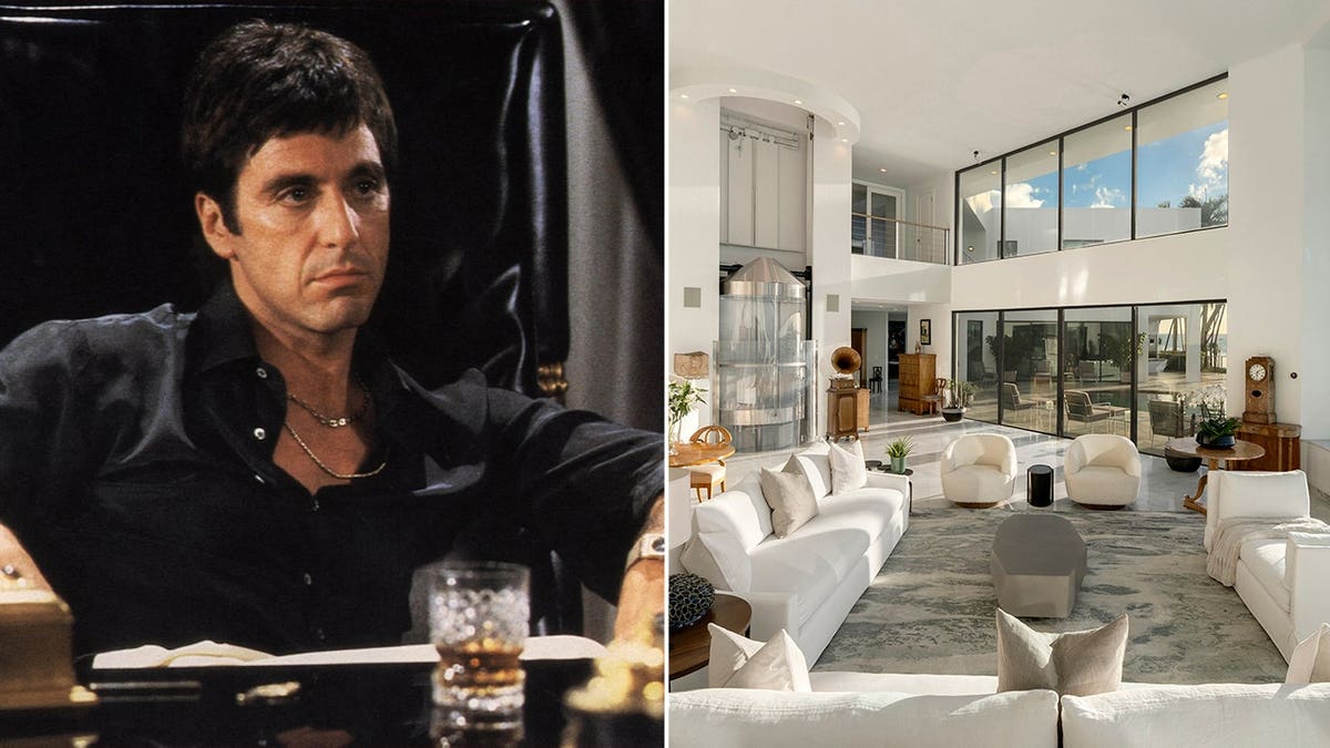 Split image of Al Pacino in Scarface and modern living room with glass elevator