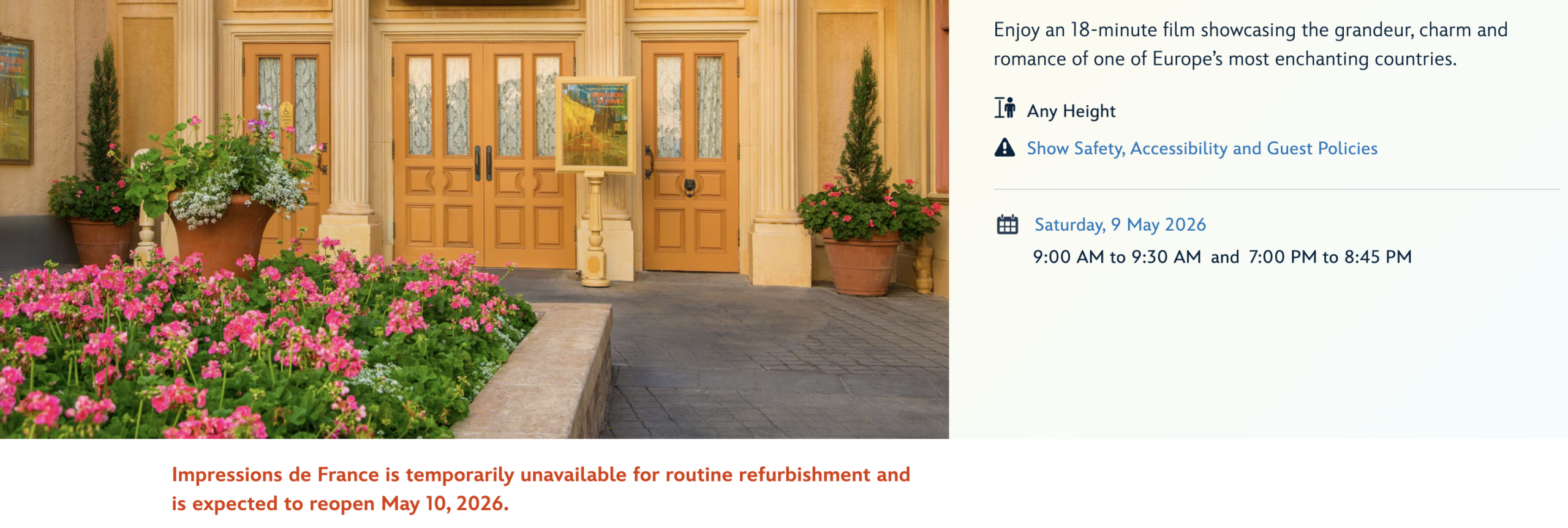 The website still indicates that the shows are closed (as seen above), though the calendar section correctly notes that it is open.
