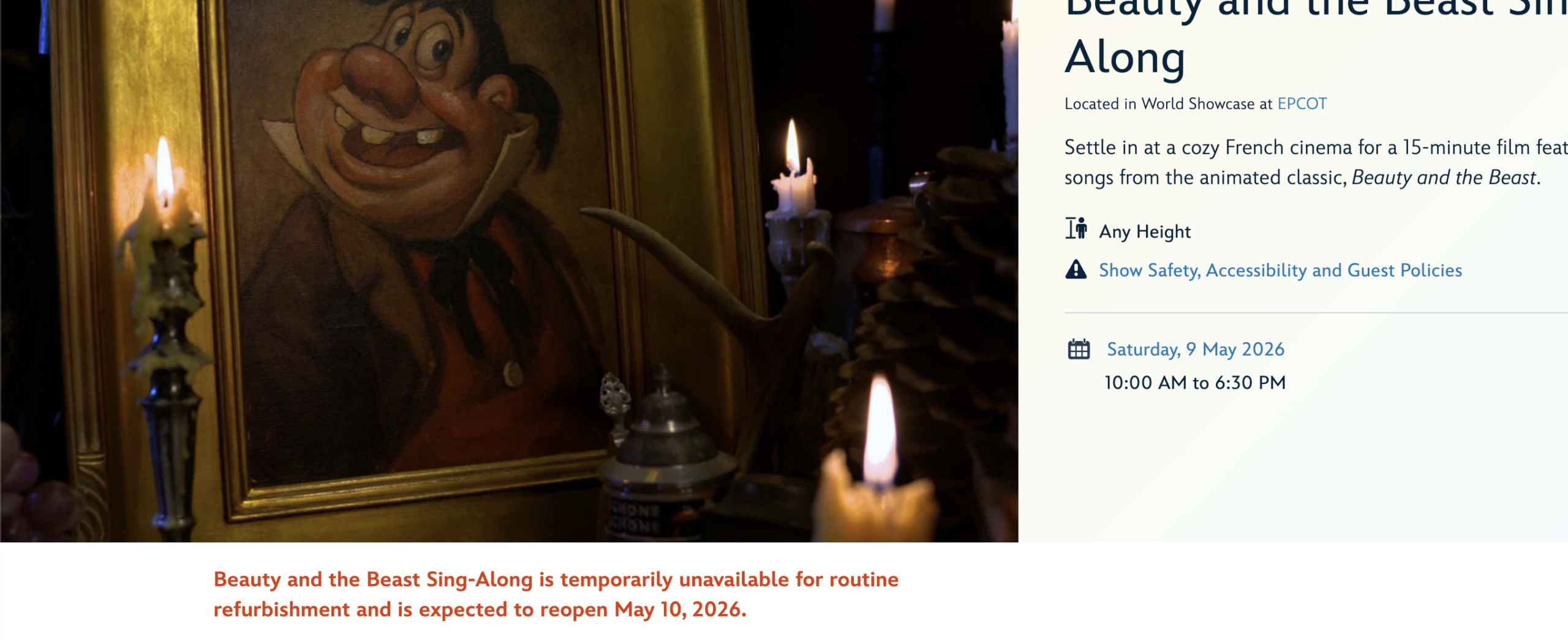 The website still indicates that the shows are closed (as seen above), though the calendar section correctly notes that it is open.