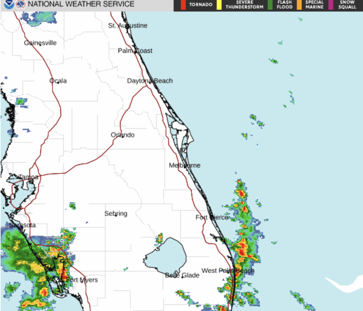 According to the National Weather Service (NWS) Weather Forecast Office in Melbourne, Florida, anyone in the Orlando area should anticipate developing storms and showers today. Because of a collision of sea breezes from the west and the east, the current chances of rain today are at 70%.