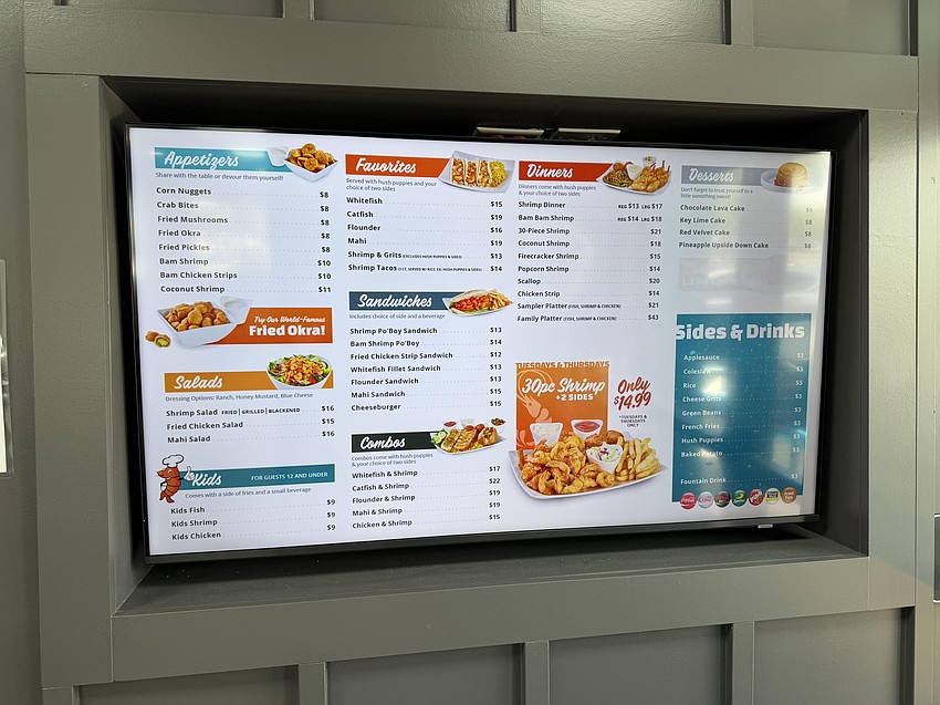 Shrimp Shack’s menu features shrimp, fish, scallops, chicken strips and a cheeseburger. Shrimp Shack’s menu features shrimp, fish, scallops, chicken strips and a cheeseburger.