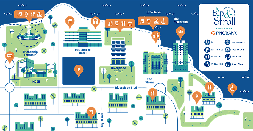 The map for Third Thursday Sip & Stroll on the Downtown Southbank.