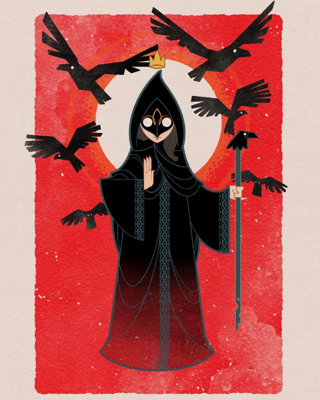 A stylized illustration of a mysterious Six Ravens character wearing a dark, hooded robe and an owl-like mask, holding a staff while surrounded by six flying black ravens against a red background.