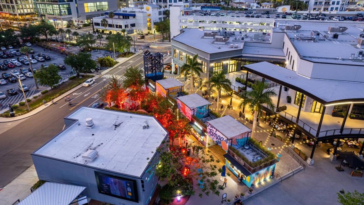 Aerial view of Sparkman Wharf and Water Street Tampa in downtown Tampa