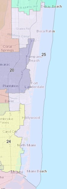 The 25th Congressional District, created in the 2026 Florida special redistricting, takes in parts of coastal Broward, Palm Beach and Miami-Dade counties. It stretches from Delray Beach south to Miami Beach. (Florida Senate/courtesy)