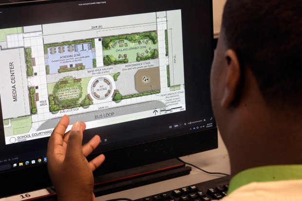 A student works on a redesign of the school courtyard at Nova High School on Thursday, May 21, 2026. Students in the class are using tools like Microsoft Copilot Studio and technologies powered by Azure OpenAI and Claude services to build intelligent chatbot agents so users can figure out how to report an absence, sign up for clubs and athletics, or determine exactly what's needed to graduate. (Mike Stocker/South Florida Sun Sentinel)