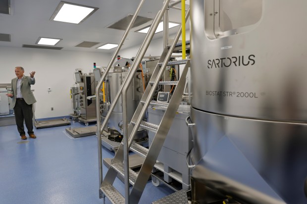 GBI Biomanufacturing vice president of technical operations Andrew Majdoch gives a tour of the newly expanded facility at GBI Biomanufacturing in Plantation on Tuesday, May 5, 2026. Florida passed a law last year allowing doctors to use stem cells for more medical uses. The lab just got federal funding to expand. (Amy Beth Bennett / South Florida Sun Sentinel)