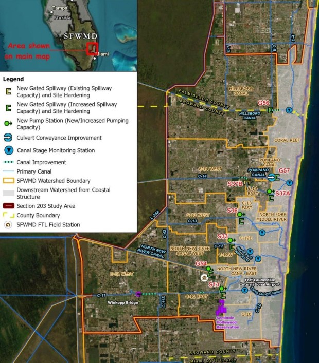 This maps shows proposed new pump stations and hardened spillways at five locations in Broward County. The proposed pump stations are designed to protect areas west of the spillways from flooding. (Courtesy SFWMD)