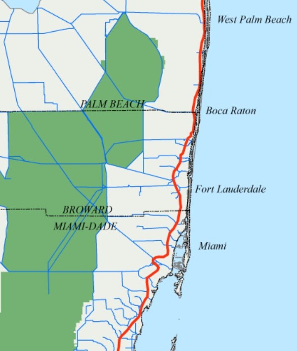 This map shows the estimated fresh water and salt water interface, shown as a red line, in the lower east coast for the years 1995 through 2000. (Courtesy SFWMD)