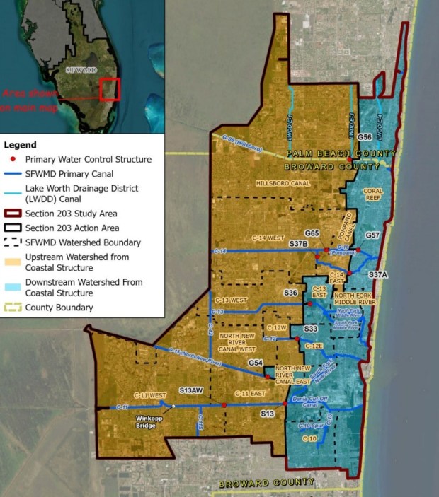 This map shows the upstream and downstream divide in parts of Broward County. Orange areas upstream are at risk of flooding as sea level rise renders gravity-dependent spillways inoperable. (Courtesy SFWMD)