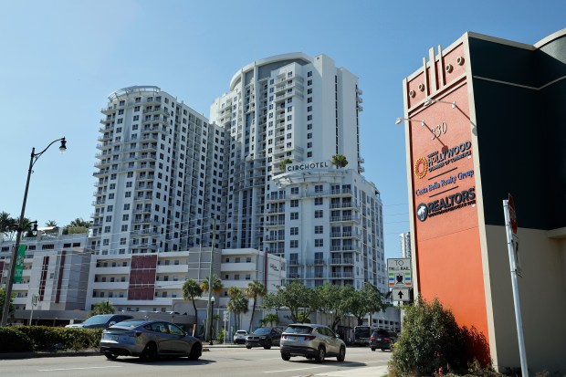 High-rise buildings on the north side of Young Circle in Hollywood stand tall near the Hollywood Chamber of Commerce on Friday. (Amy Beth Bennett/South Florida Sun Sentinel)