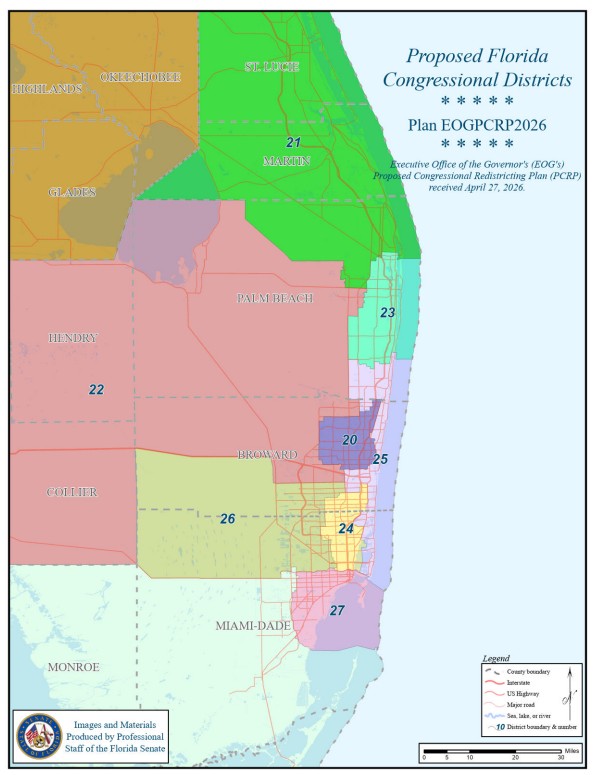New congressional district boundaries for the 2026 elections make major changes in South Florida. (Florida Senate map/courtesy)