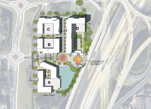 A conceptual site plan for the proposed Griffin Park Apartments redevelopment in Parramore shows four towers proposed for up to 1,000 units, 725 of which are set to rise as affordable units. (Site plan provided by Baker Barrios)