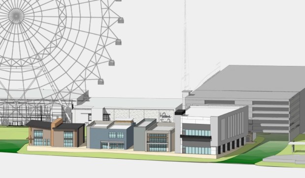 A rendering shows the new commercial buildings with the expanded parking garage in the background. The Arte Museum would be in the white building on the far right. (Rendering Huitt-Zollars)