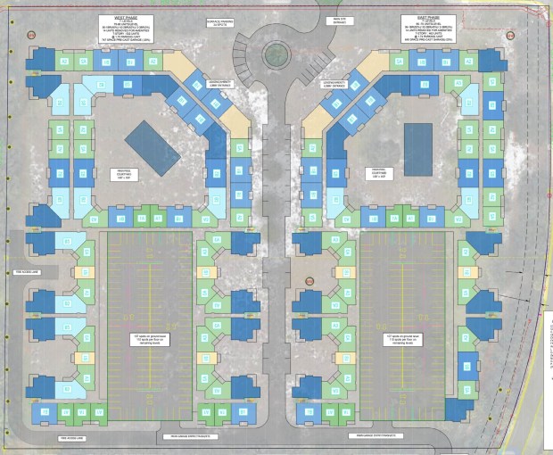 A preliminary site plan provided to Orange County by E.C. Parkway Developments LLC shows a 995-unit multifamily development rising on 11 acres at the corner of Palm Parkway and Lake Street. The vacant land is about a mile north of Disney World on the west side of Interstate 4. (Image from EC Parkway Developments LLC/Orange County)